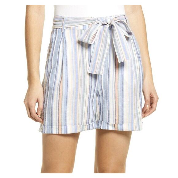 Caslon Stripe Paperbag Shorts Blue White XL Belted Cuff Linen Wide Leg NEW - Picture 1 of 9